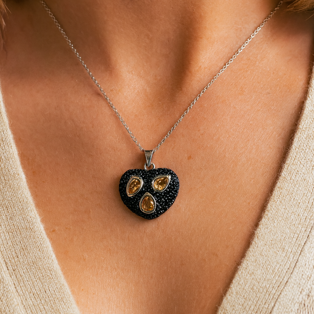 3.19 Carat Genuine Citrine and Black Spinel .925 Sterling Silver Pendant