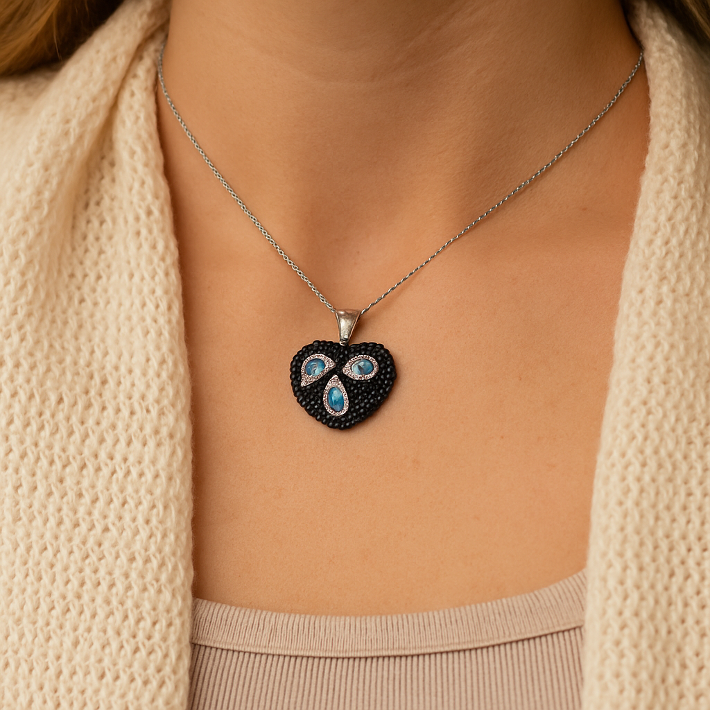 3.52 Carat Genuine Blue Topaz and Black Spinel .925 Sterling Silver Pendant