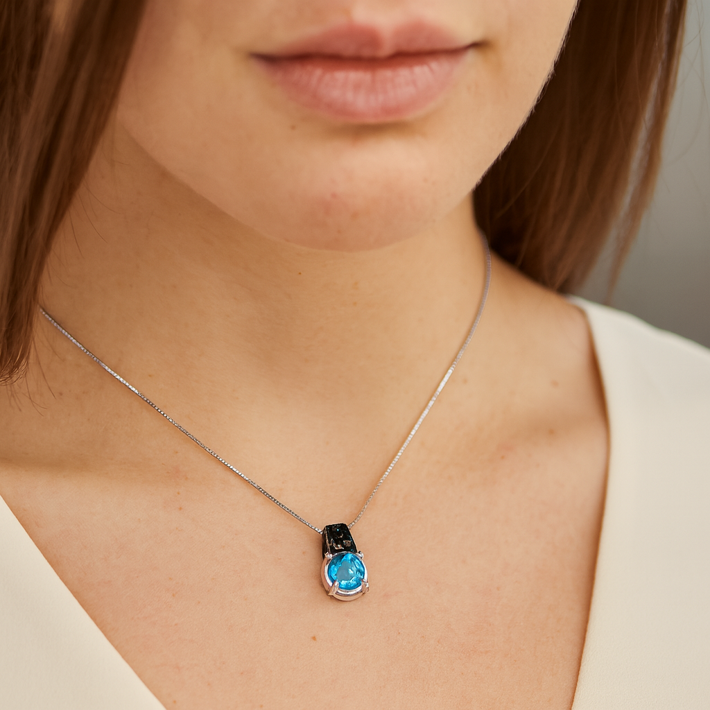4.94 Carat Genuine Swiss Blue Topaz, Blue Diamond & White Diamond .925 Sterling Silver Pendant