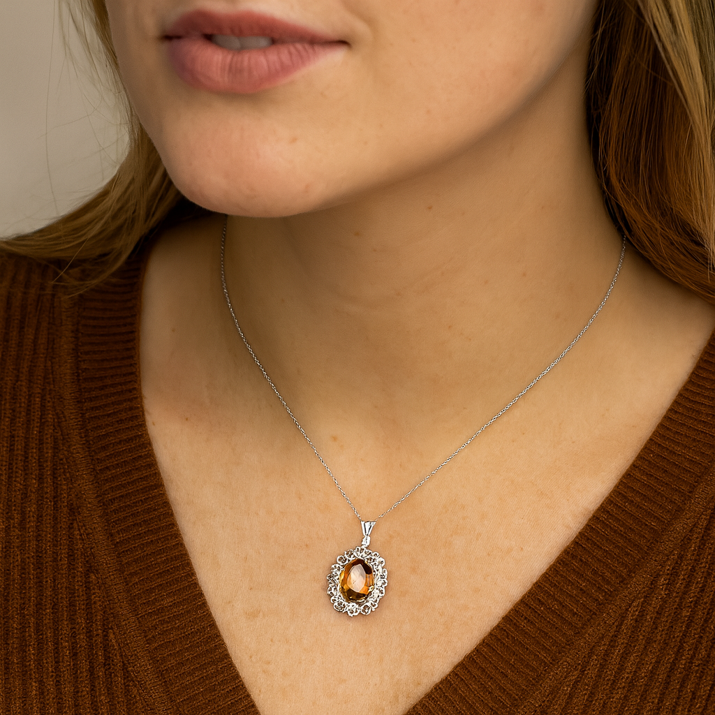 5.71 Carat Genuine Champagne Quartz and Citrine .925 Sterling Silver Pendant