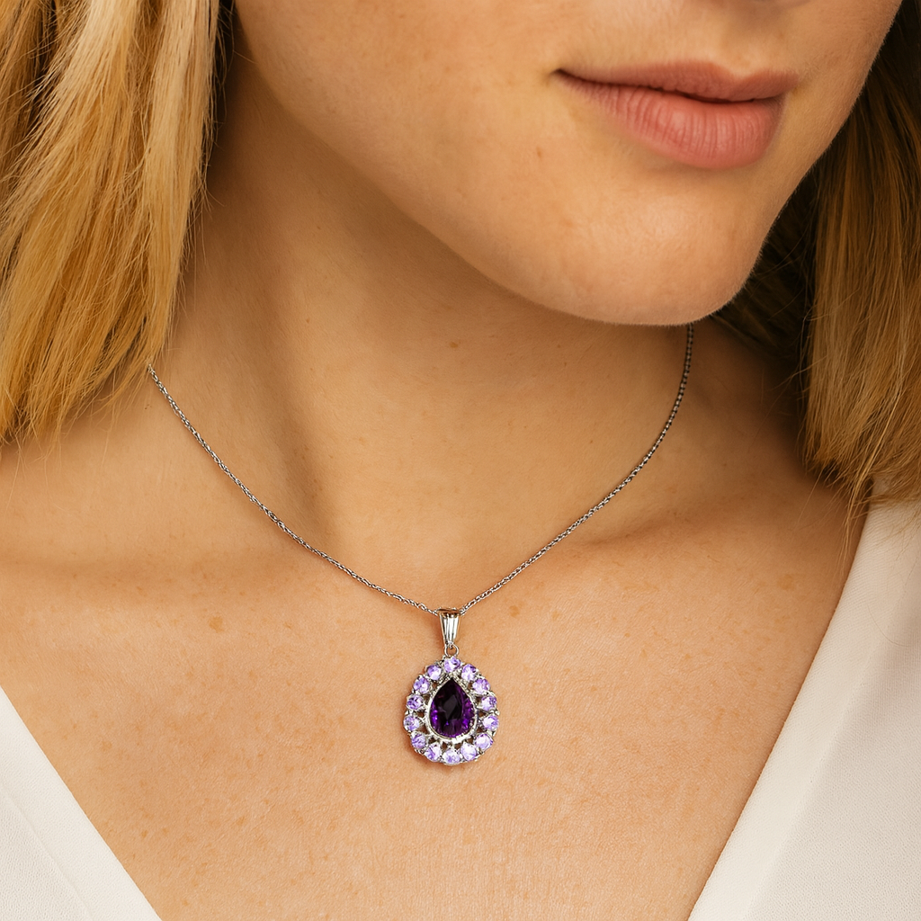 5.82 Carat Genuine Amethyst and Tanzanite .925 Sterling Silver Pendant