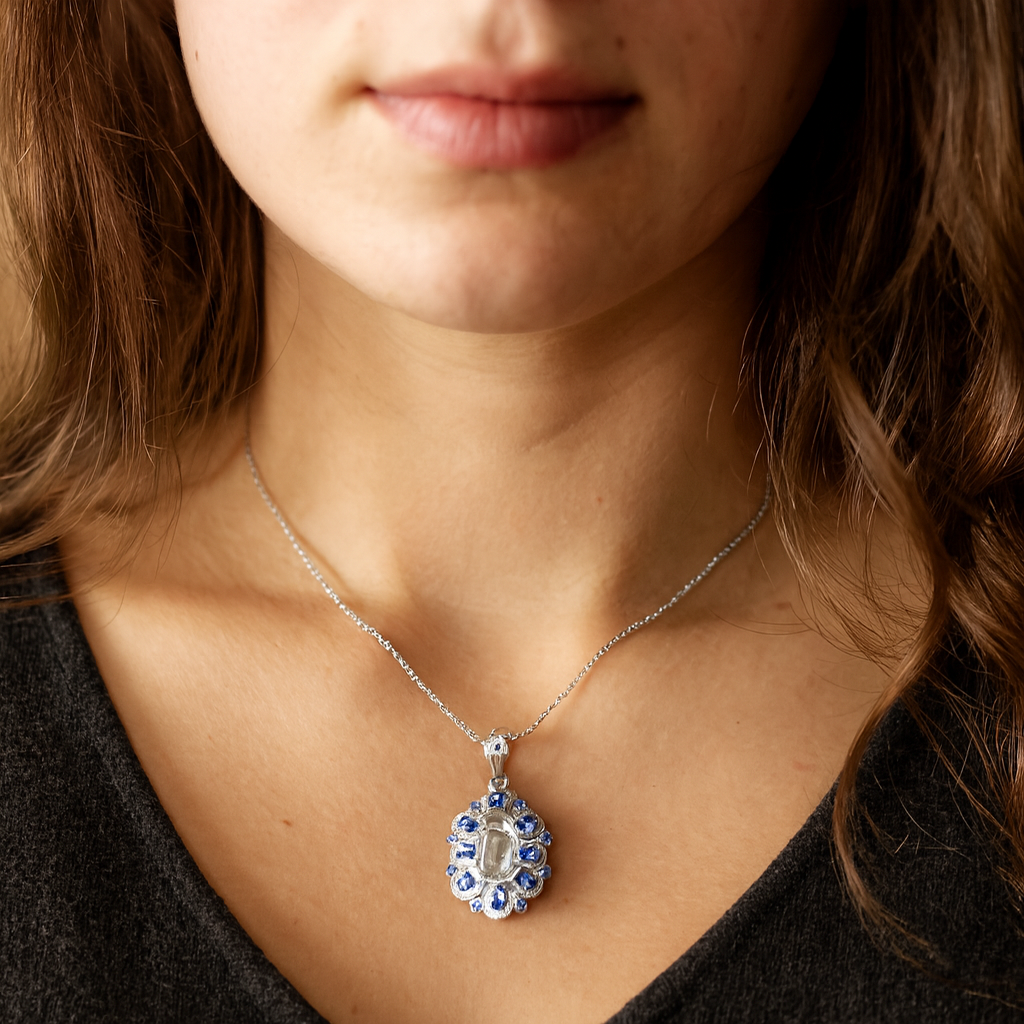 6.10 Carat Genuine Crystal Quartz, Tanzanite & White Diamond .925 Sterling Silver Pendant