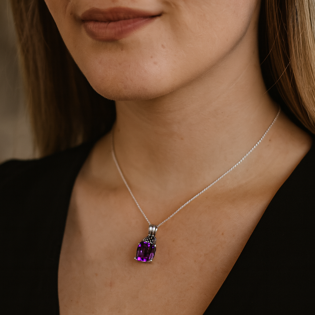 6.10 Carat Genuine Amethyst and Tanzanite .925 Sterling Silver Pendant