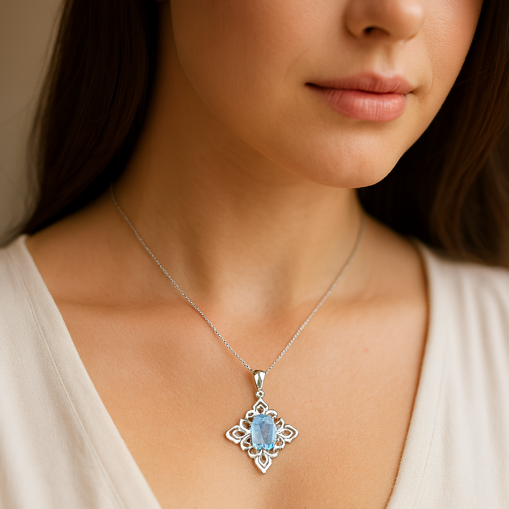 6.10 Carat Genuine Swiss Blue Topaz .925 Sterling Silver Pendant