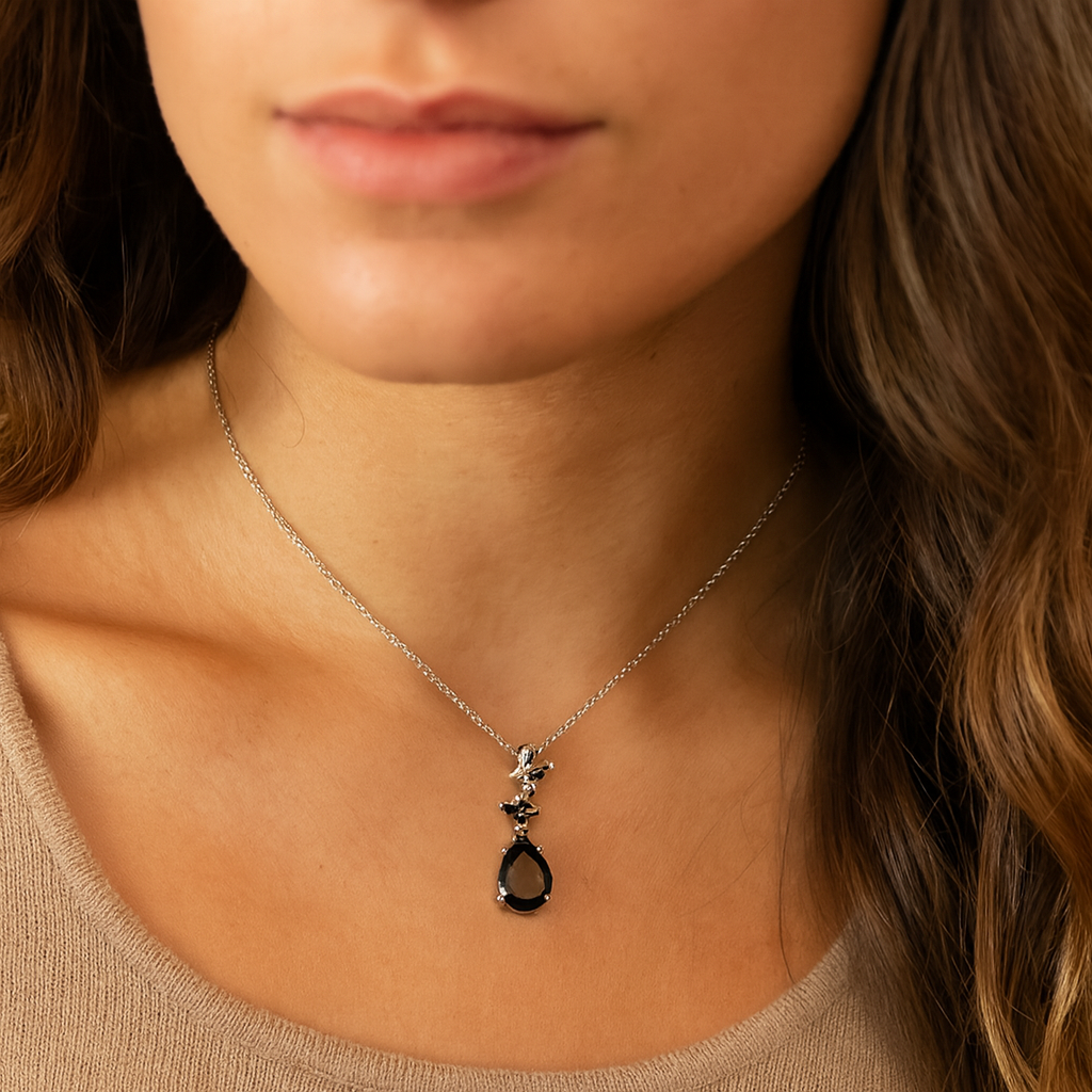 7.08 Carat Genuine Smoky Quartz and Black Spinel .925 Sterling Silver Pendant