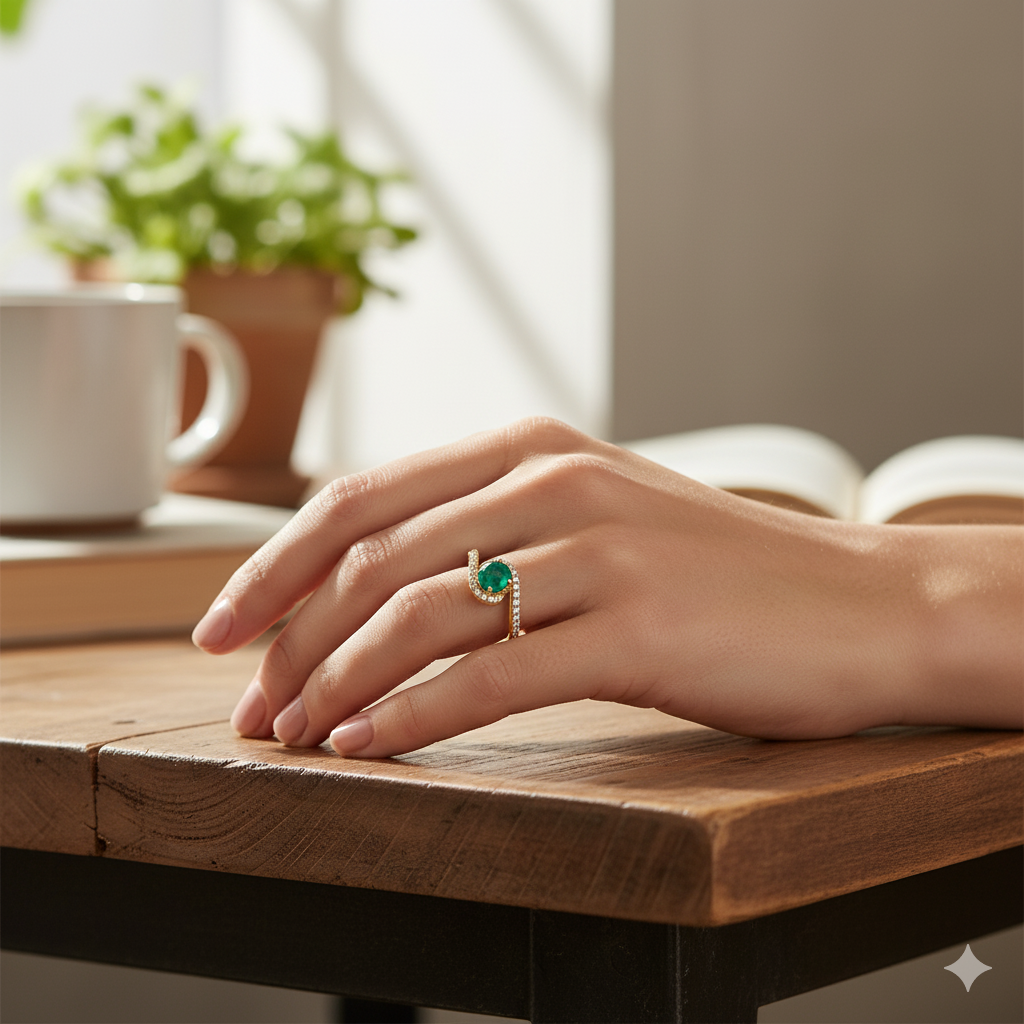 0.33 Carat Genuine Zambian Emerald and White Diamond 14K Yellow Gold Ring