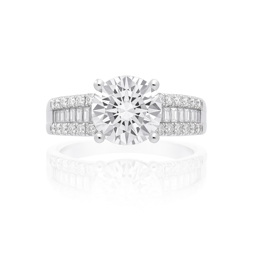 Bague de fiançailles 18kw avec pierre CZ centrée et sac de 26 diamètres 0,52 ct et 40 pierres latérales 0,40 ct