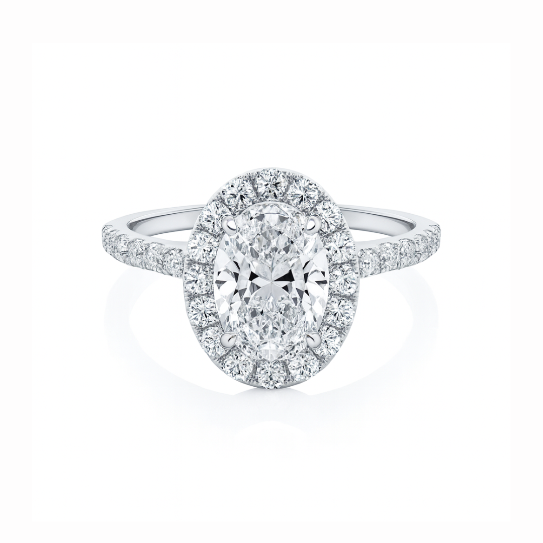 Bague de fiançailles en or blanc 18 carats avec diamants taille ovale halo classique - 0,71 ct
