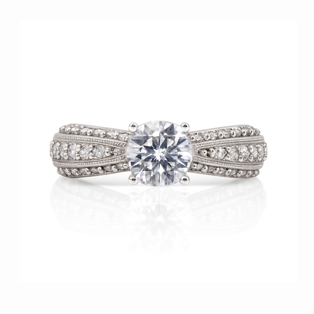 Bague de fiançailles 14KW avec pierre CZ centrée et 40 diamants de 0,75 ct