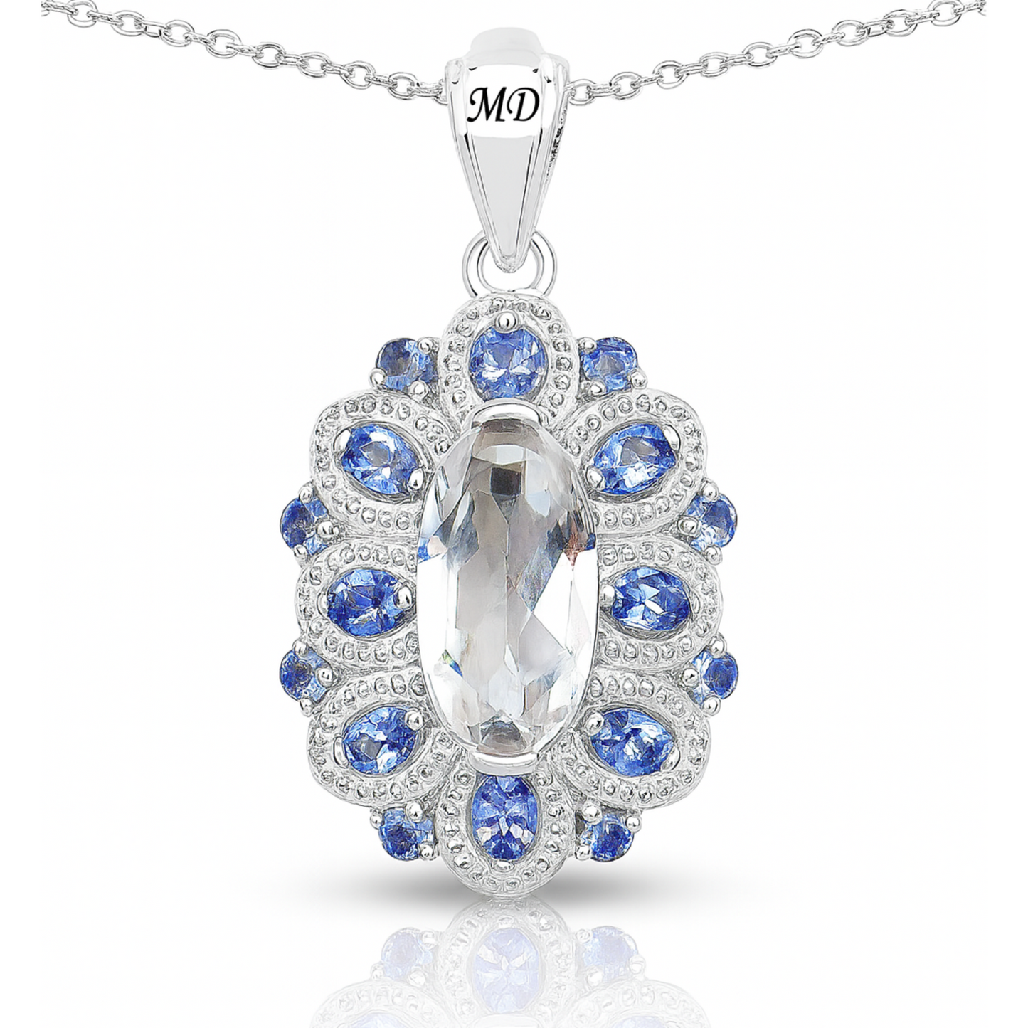 Pendentif en argent sterling 925 avec quartz cristal véritable de 6,10 carats, tanzanite et diamant blanc