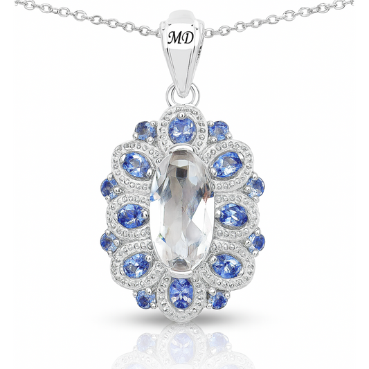 6.10 Carat Genuine Crystal Quartz, Tanzanite & White Diamond .925 Sterling Silver Pendant
