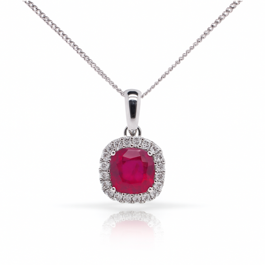18K White Gold Ruby Pendant with Diamond Halo