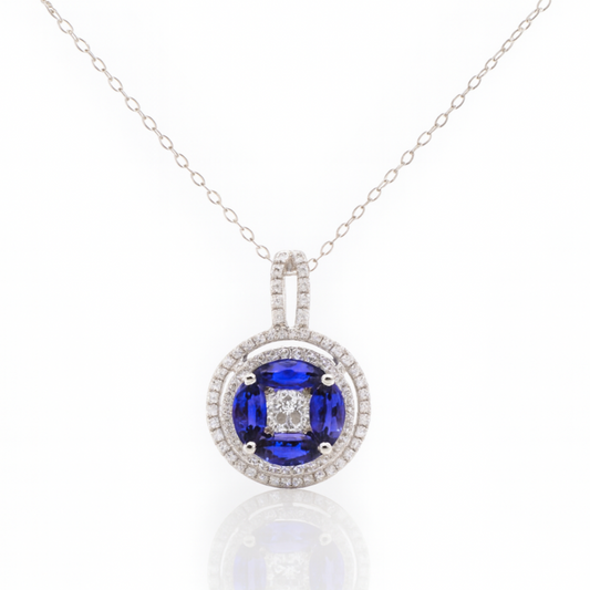 18K White Gold Blue Sapphire Pendant with Diamond Halo