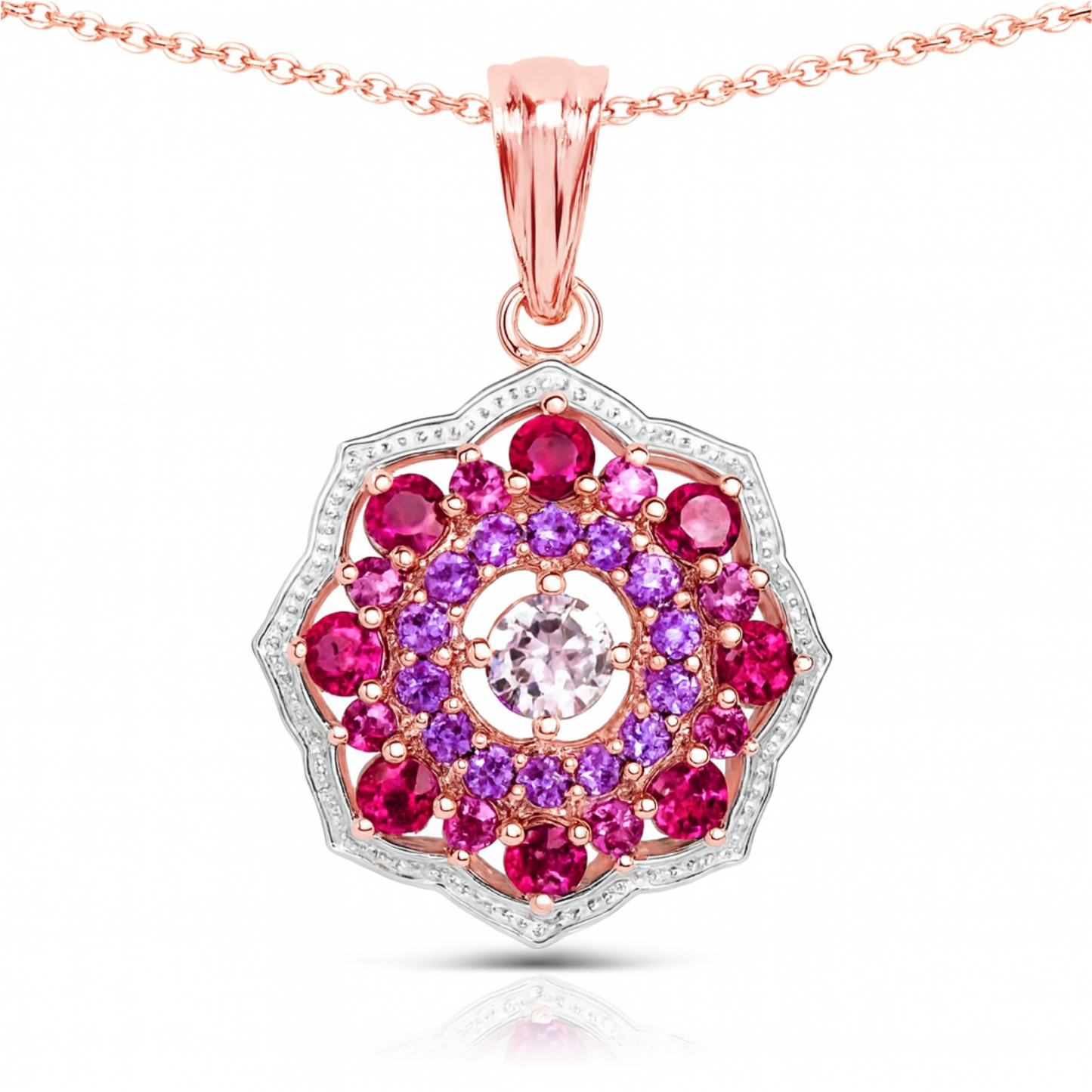 Pendentif en argent sterling 925 plaqué or rose 14 carats avec morganite, rhodolite et améthyste véritables de 2,30 carats
