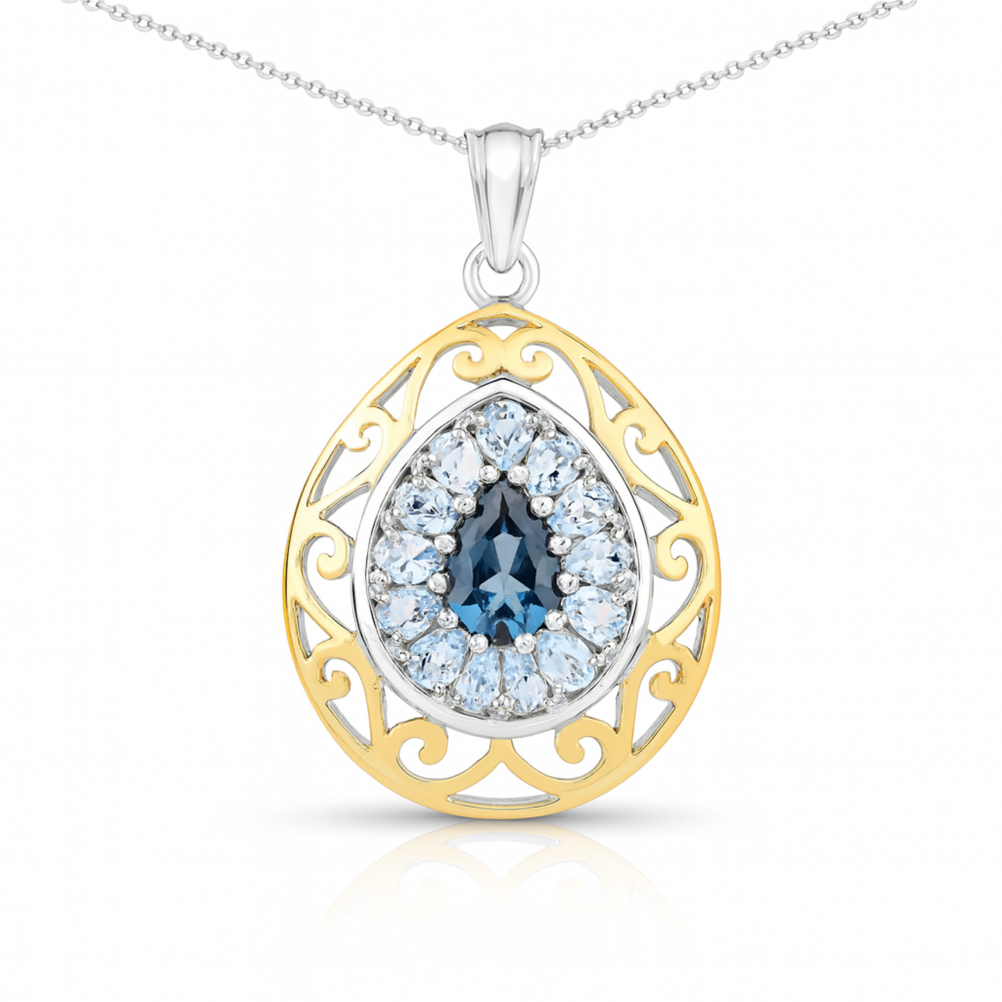 Pendentif en argent sterling 925 plaqué or jaune 18 carats avec topaze bleue de Londres authentique de 4,44 carats et topaze bleue