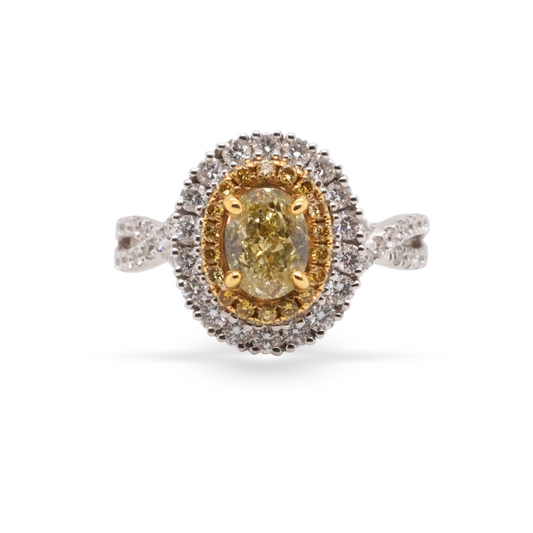 Oval Yellow Diamond Double Halo Ring with Split Shank Band