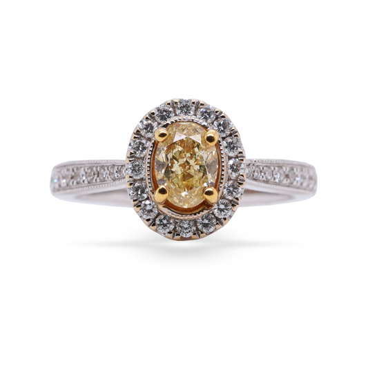 18K White Gold Oval Fancy Yellow Diamond Ring with Halo & Pavé Band