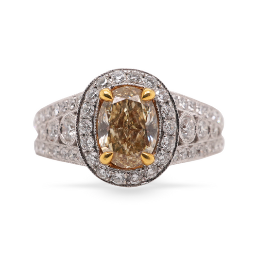 Oval Yellow Diamond Halo Ring in 18K White Gold