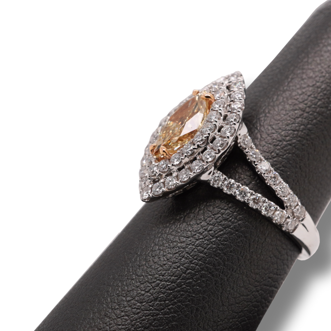 Marquise-Cut Yellow Diamond Double Halo Split Pavé Engagement Ring