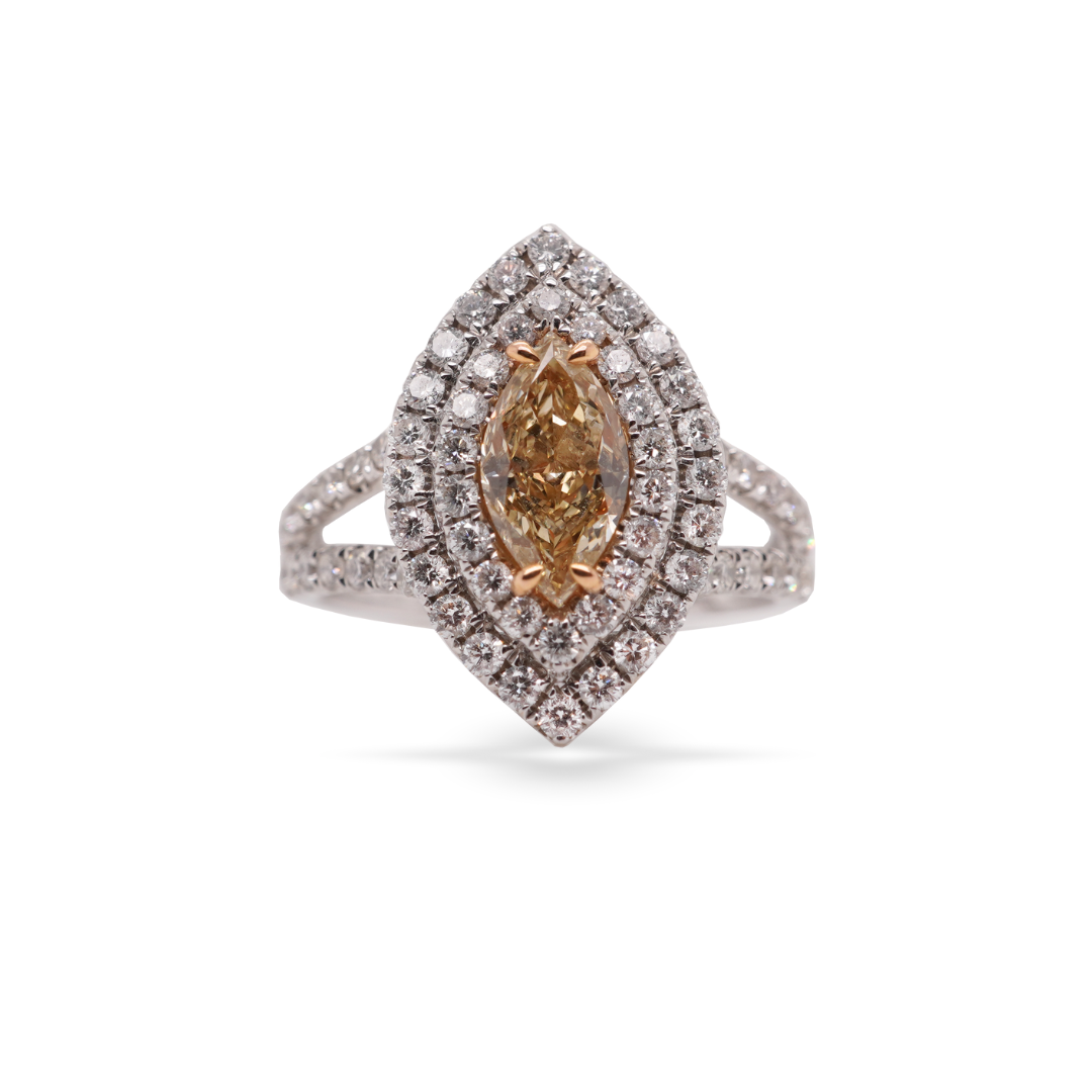 Marquise-Cut Yellow Diamond Double Halo Split Pavé Engagement Ring