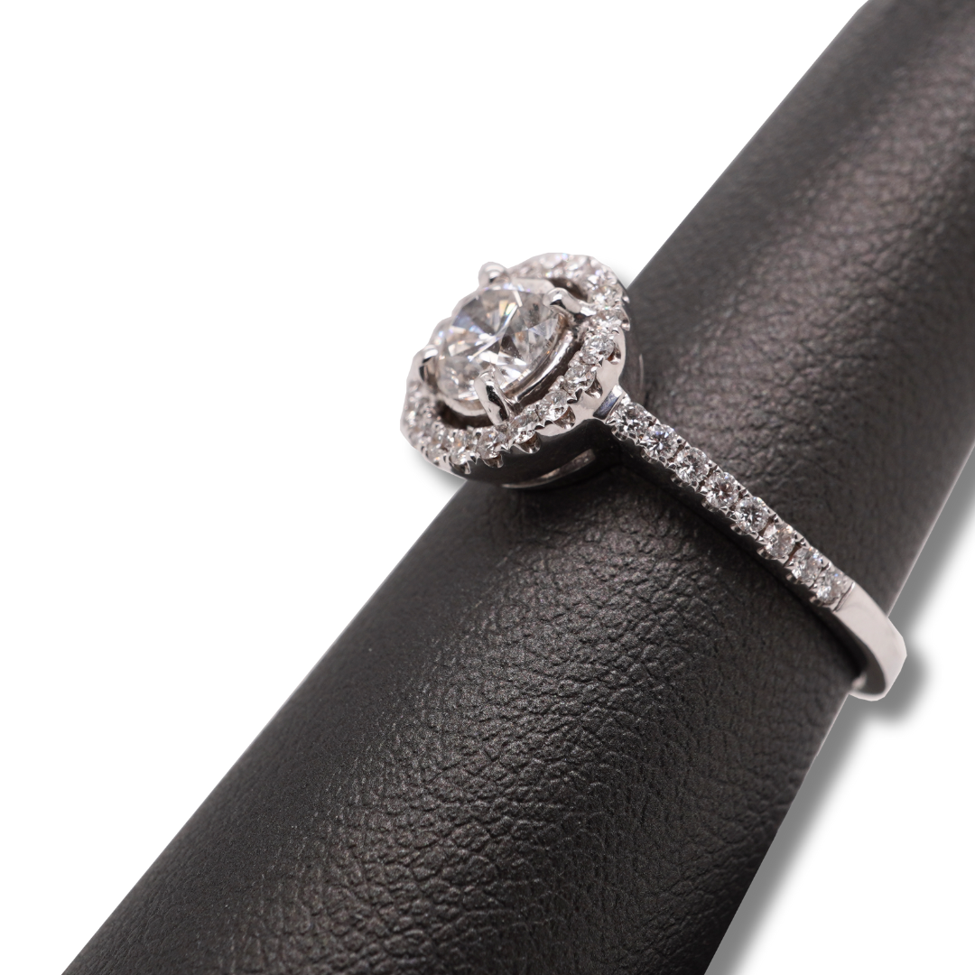 18K White Gold Round Diamond Halo Pave Band Engagement Ring