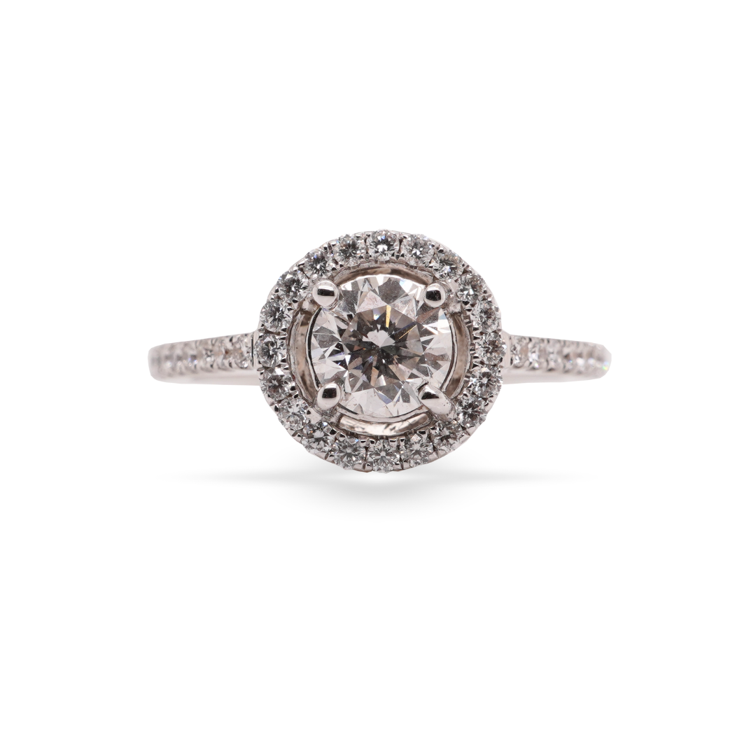 18K White Gold Round Diamond Halo Pave Band Engagement Ring