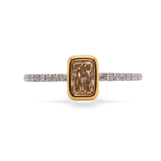 Yellow Radiant Diamond Ring in 18K Two Tone Gold with Diamond Pave Band