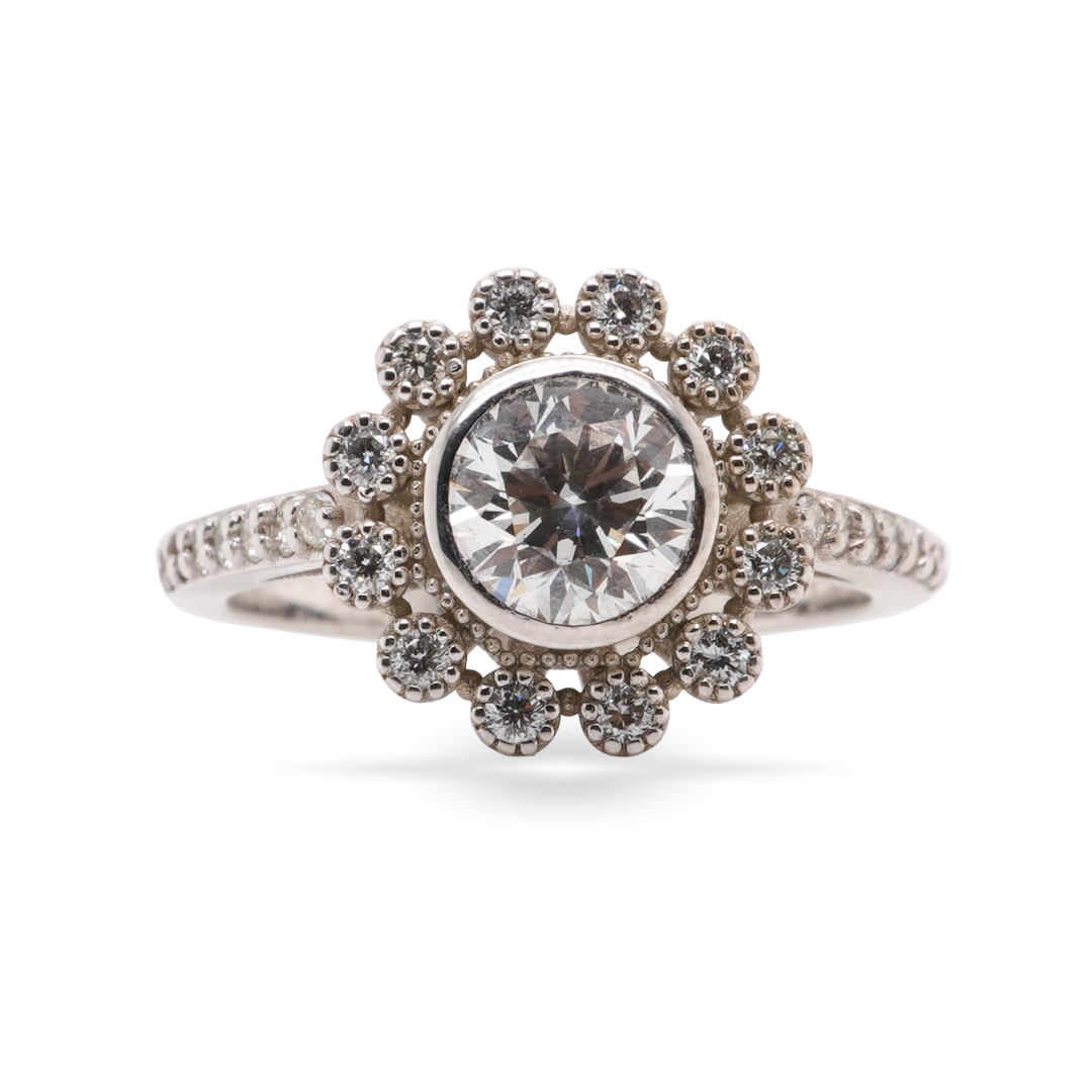 18K White Gold Floral Halo Ring with Lab Grown Diamonds 1.20ct TW