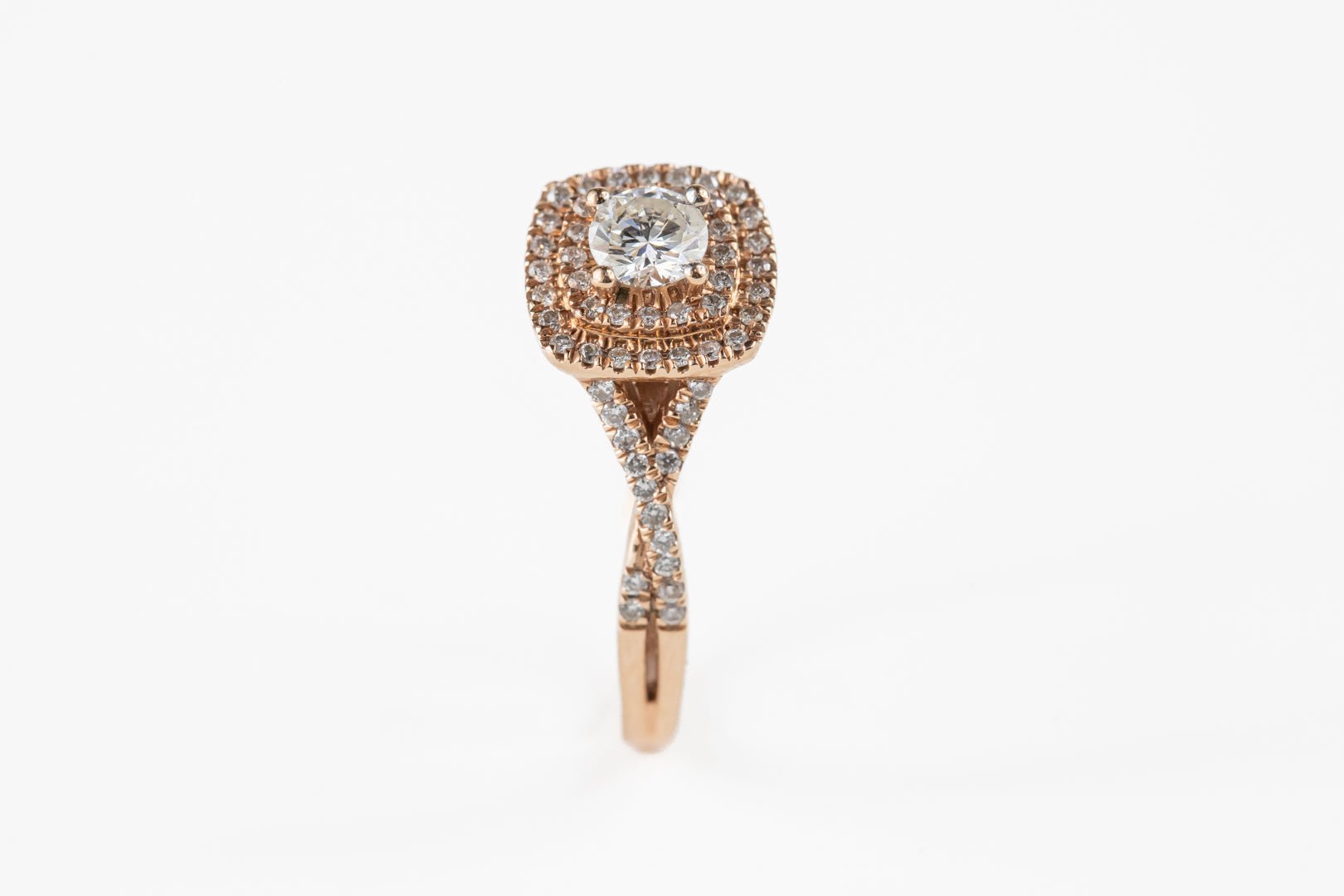Diamond Double Halo Twist in Rose Gold - Rings - Diamond Double Halo Twist in Rose Gold - Omni Jewelcrafters