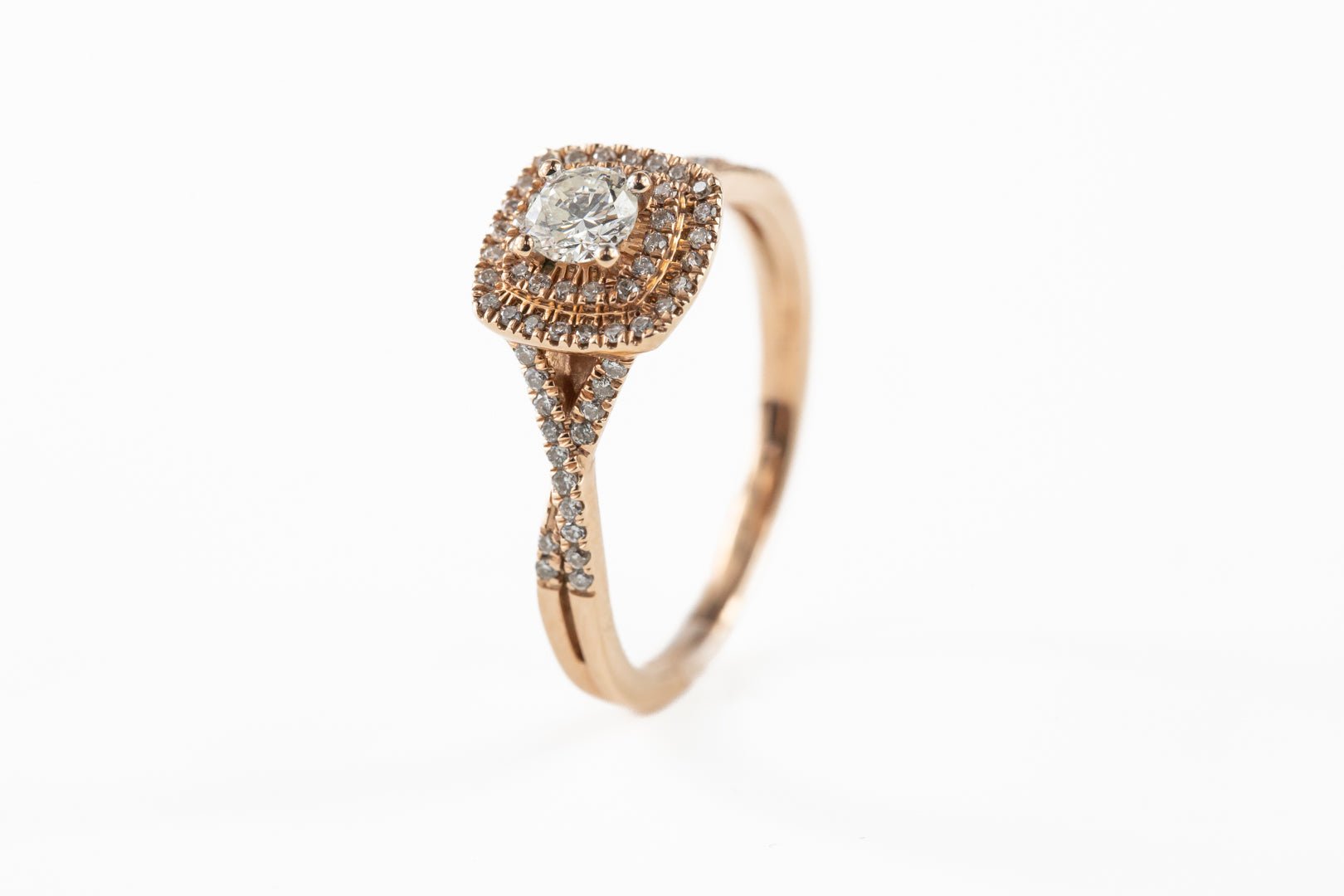 Diamond Double Halo Twist in Rose Gold - Rings - Diamond Double Halo Twist in Rose Gold - Omni Jewelcrafters