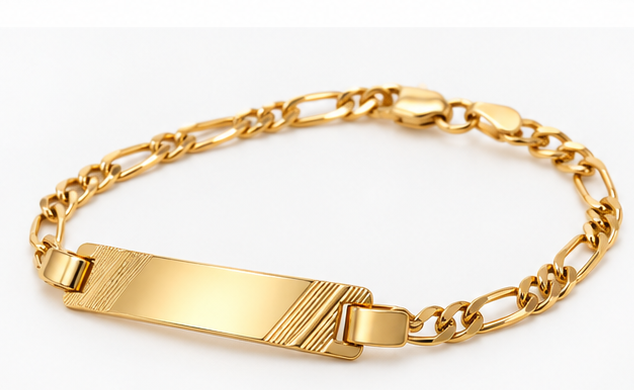 10K Yellow Gold Figaro Link ID Bracelet with Engraved Accents