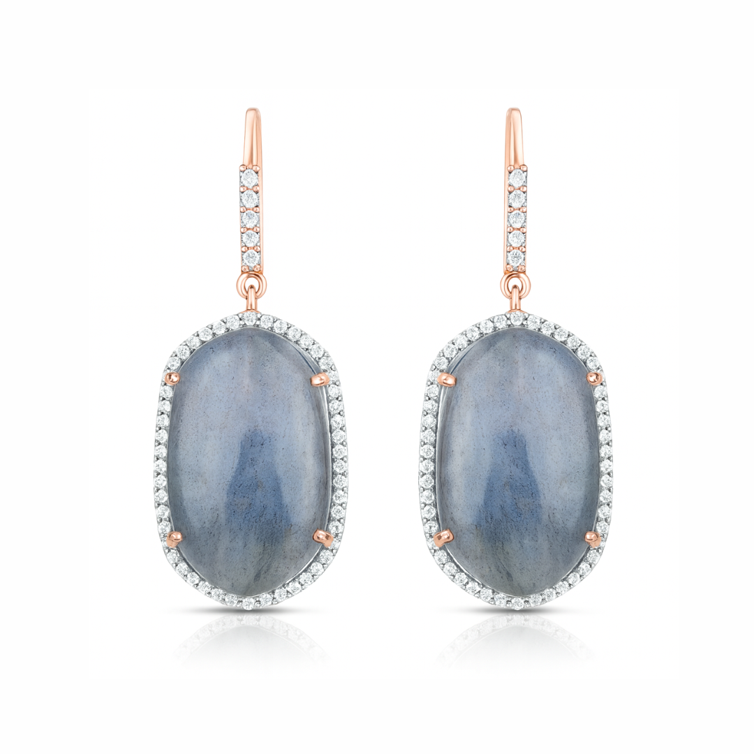 Boucles d'oreilles en argent sterling 925 plaquées or rose 14 carats avec labradorite véritable et topaze blanche de 28,08 carats