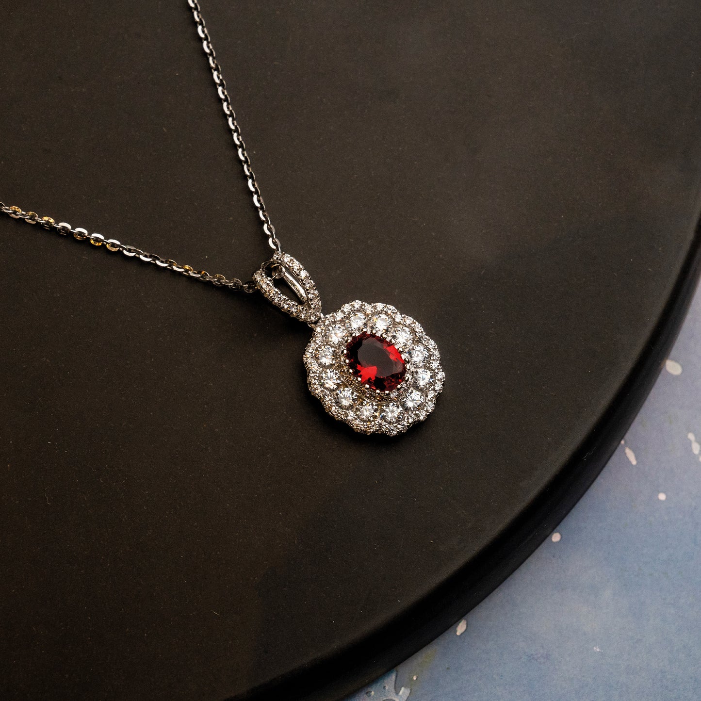 Natural Ruby & Natural Diamonds Halo Pendant in 18K White Gold