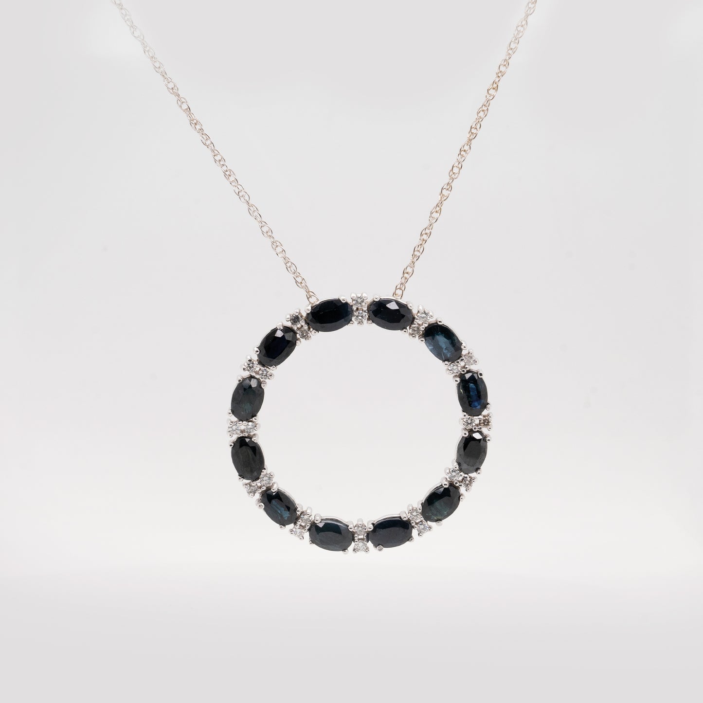 Natural Blue Sapphire & Natural Diamonds Pendant Necklace in 14K White Gold