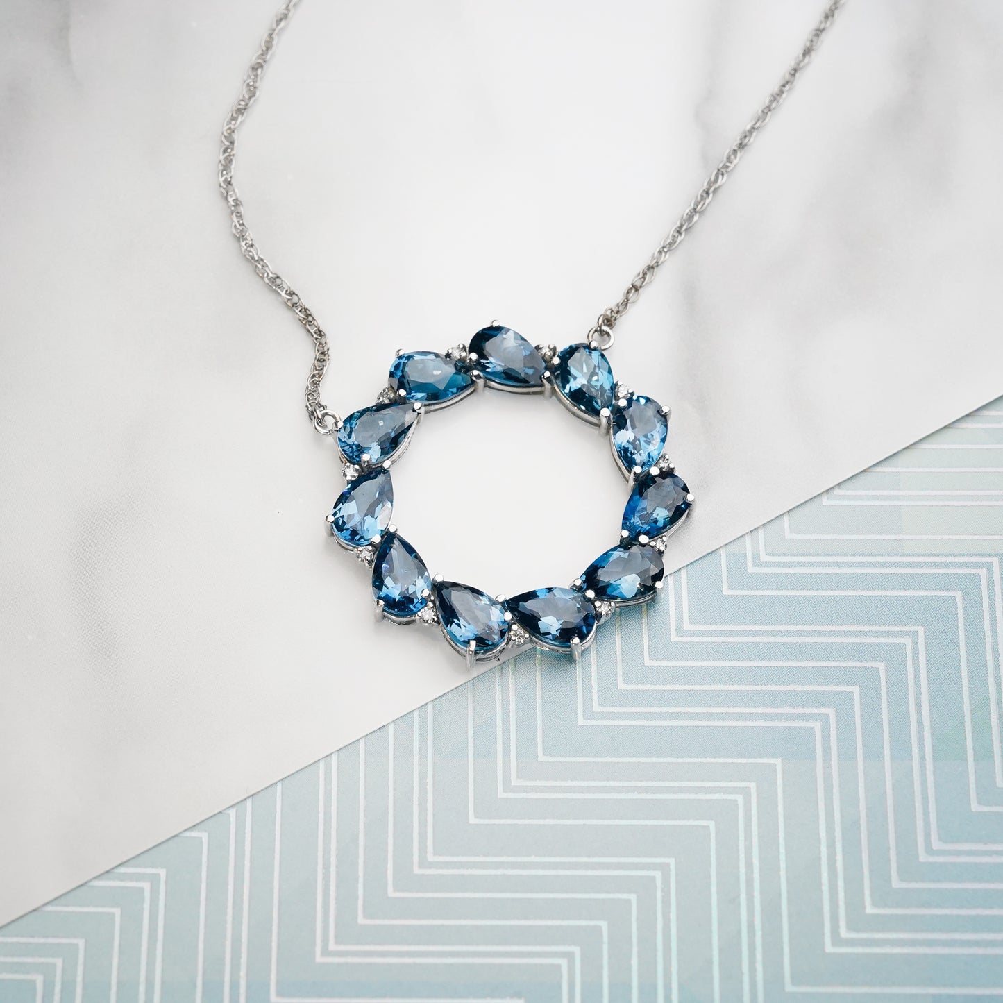 Natural Blue Topaz and Lab Grown Diamonds Pendant in 14K White Gold Necklace