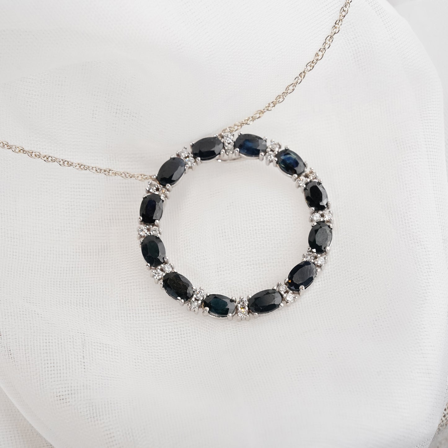 Natural Blue Sapphire & Natural Diamonds Pendant Necklace in 14K White Gold