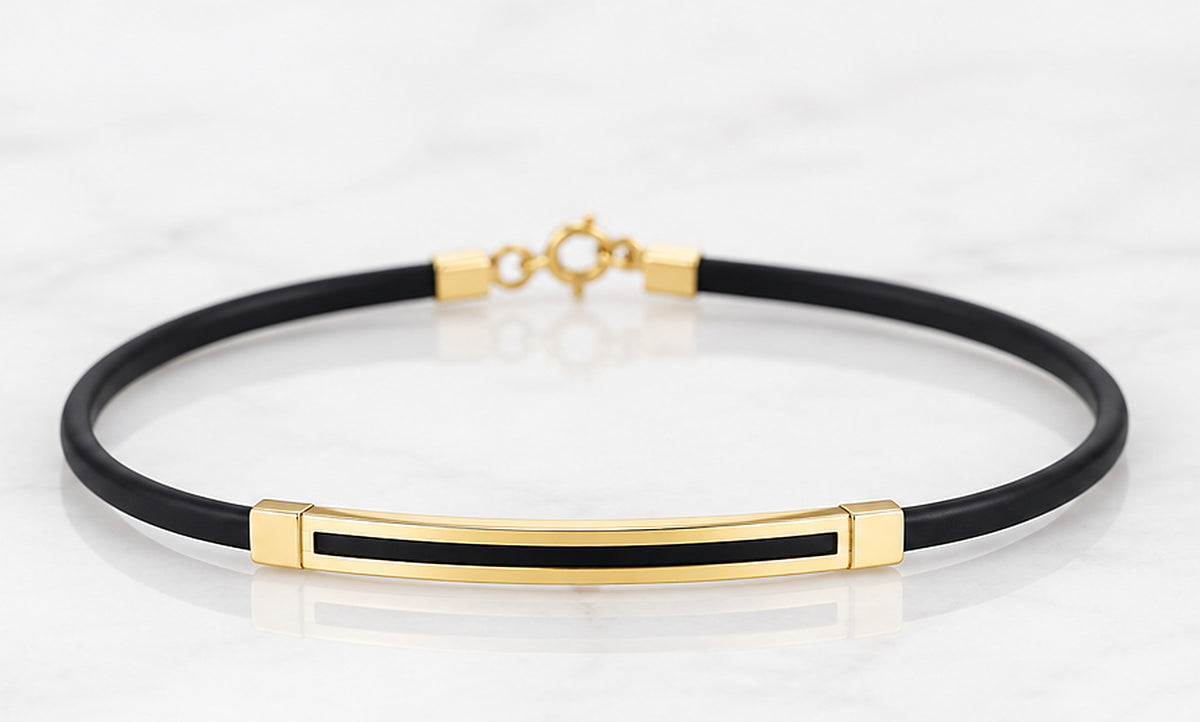 18K Yellow Gold & Black Rubber Bar Bracelet