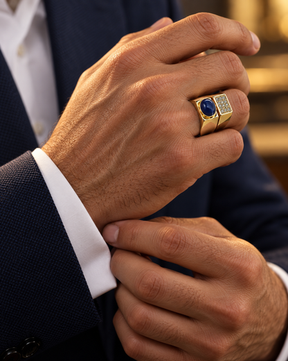 14K Yellow Gold Synthetic Star Sapphire & Diamond Men’s Ring