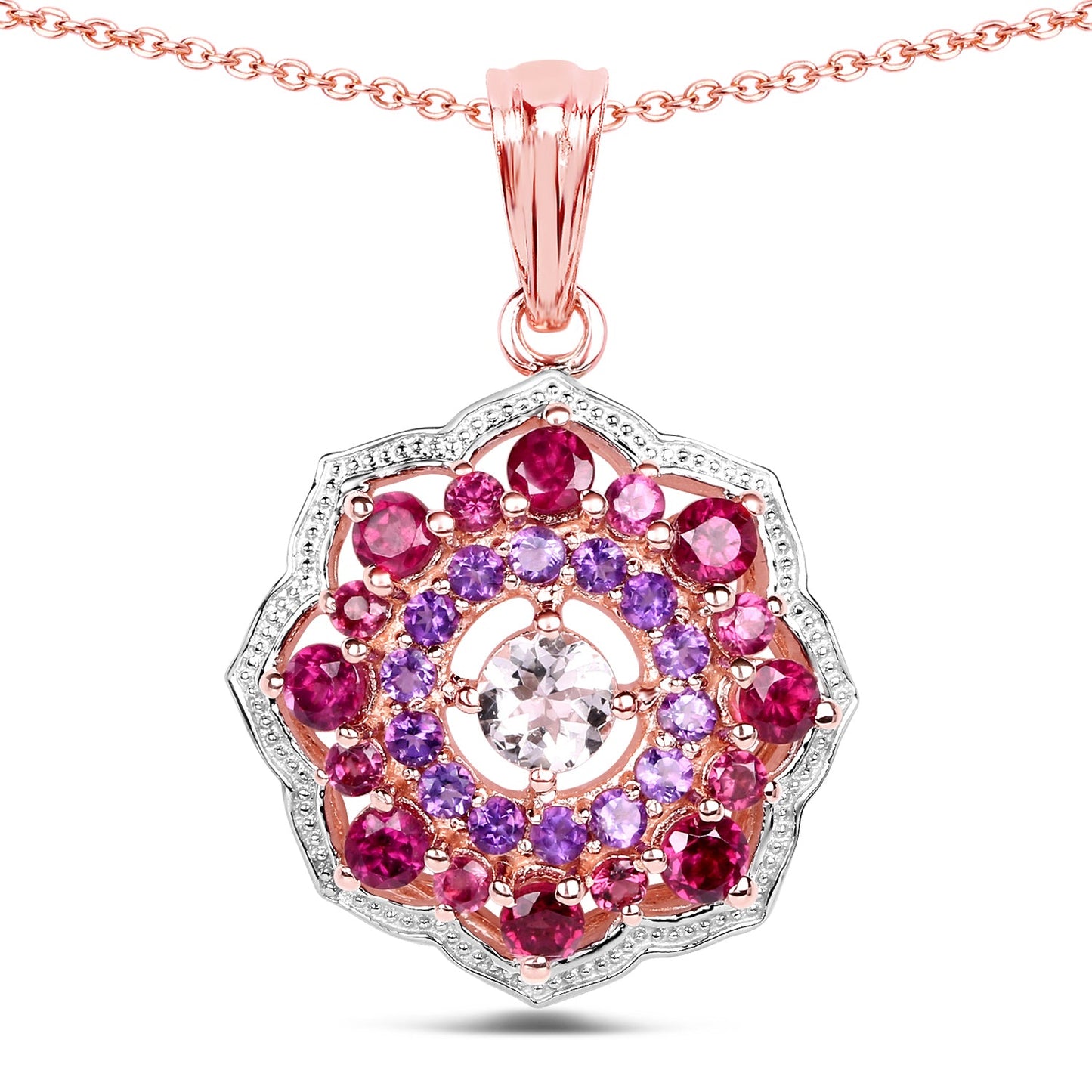 14K Rose Gold Plated 2.30 Carat Genuine Morganite, Rhodolite and Amethyst .925 Sterling Silver Pendant - Pendants - p6186mgrha - rgp - gallery - image - Omni Jewelcrafters