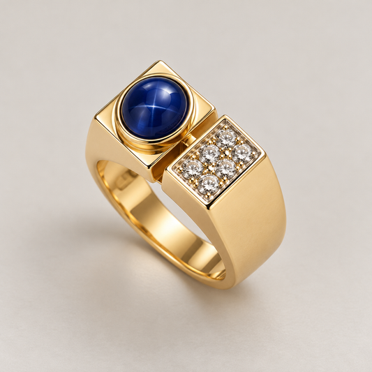 14K Yellow Gold Synthetic Star Sapphire & Diamond Men’s Ring