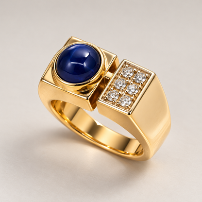 14K Yellow Gold Synthetic Star Sapphire & Diamond Men’s Ring
