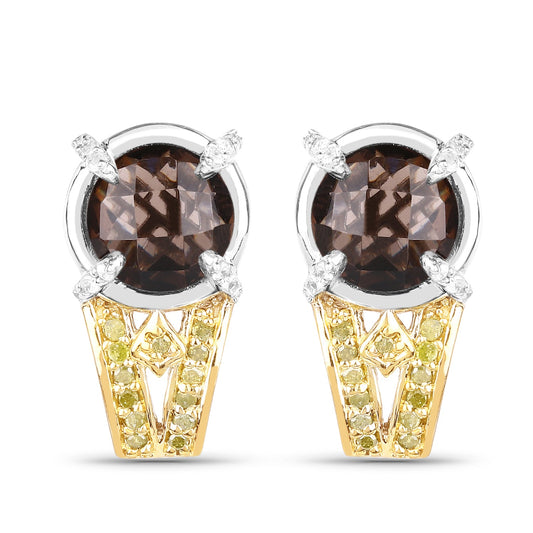 3.75 Carat Genuine Smoky Quartz, Yellow Diamond and White Diamond .925 Sterling Silver Earrings - Earrings - e1946smydwd - gallery - image - Omni Jewelcrafters