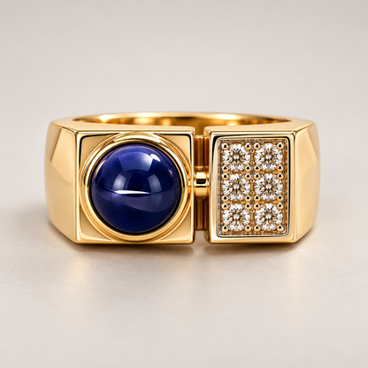 14K Yellow Gold Synthetic Star Sapphire & Diamond Men’s Ring