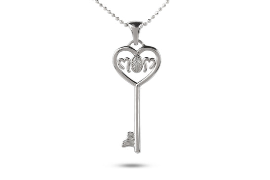 35: MOM - Sterling Silver Key Pendant with Natural Diamond(Chain Included)