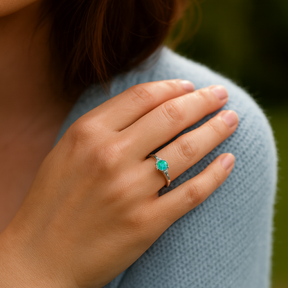 Bague en or blanc 14 carats avec émeraude zambienne authentique de 0,50 carat et diamant blanc 
