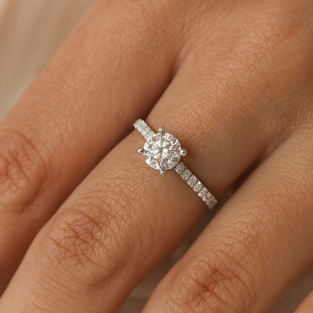 18kw Engagement Ring with 3ct VS1 E Lab Grown Diamond and 0.53ct Side Stones