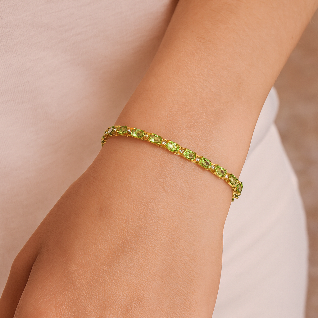 Bracelet en argent sterling 925 plaqué or jaune 18 carats avec péridot véritable de 9,03 carats