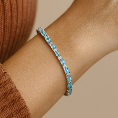 Bracelet en argent sterling 925 avec zircon bleu véritable et topaze blanche de 8,84 carats