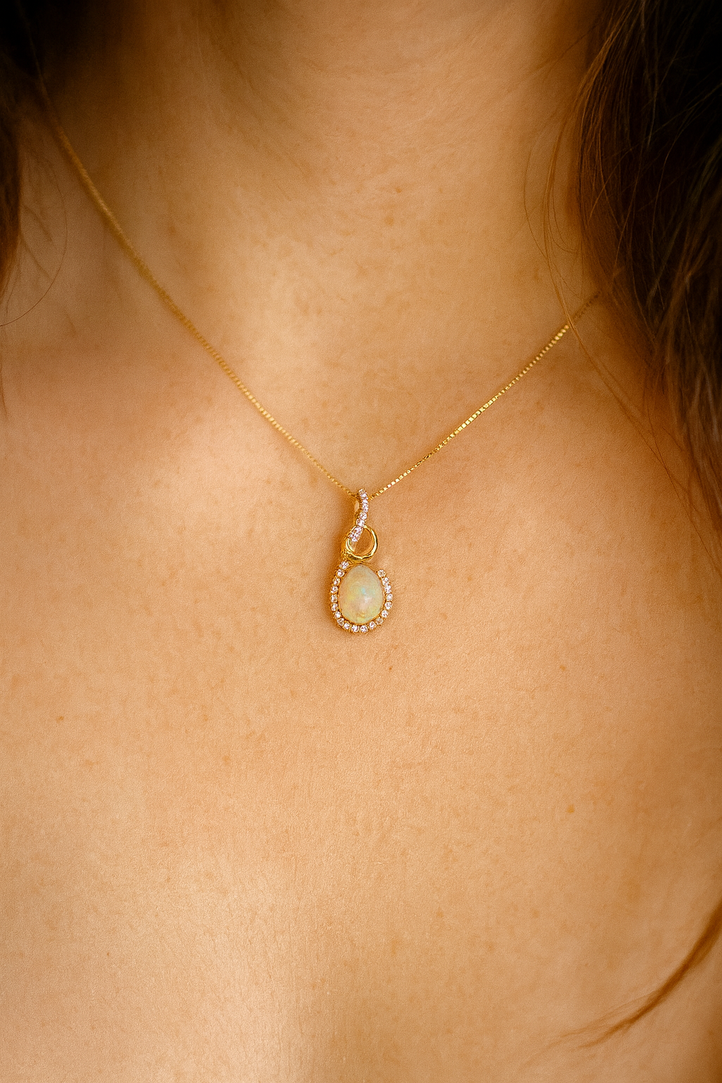 0.56 Carat Genuine Ethiopian Opal and White Diamond 14K Yellow Gold Pendant