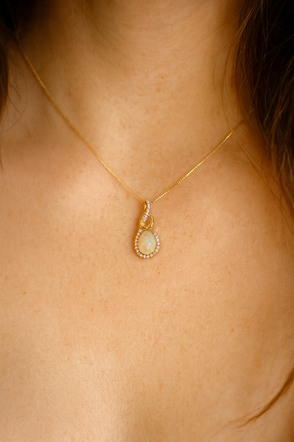 0.56 Carat Genuine Ethiopian Opal and White Diamond 14K Yellow Gold Pendant